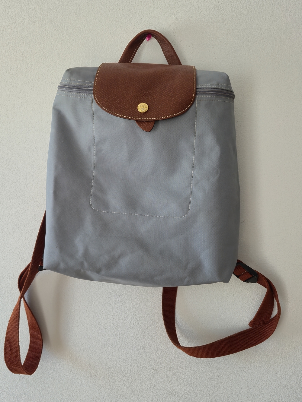 Backpack Grey Longchamp Le Pliage Original Medium, Nylon , Leather Trim